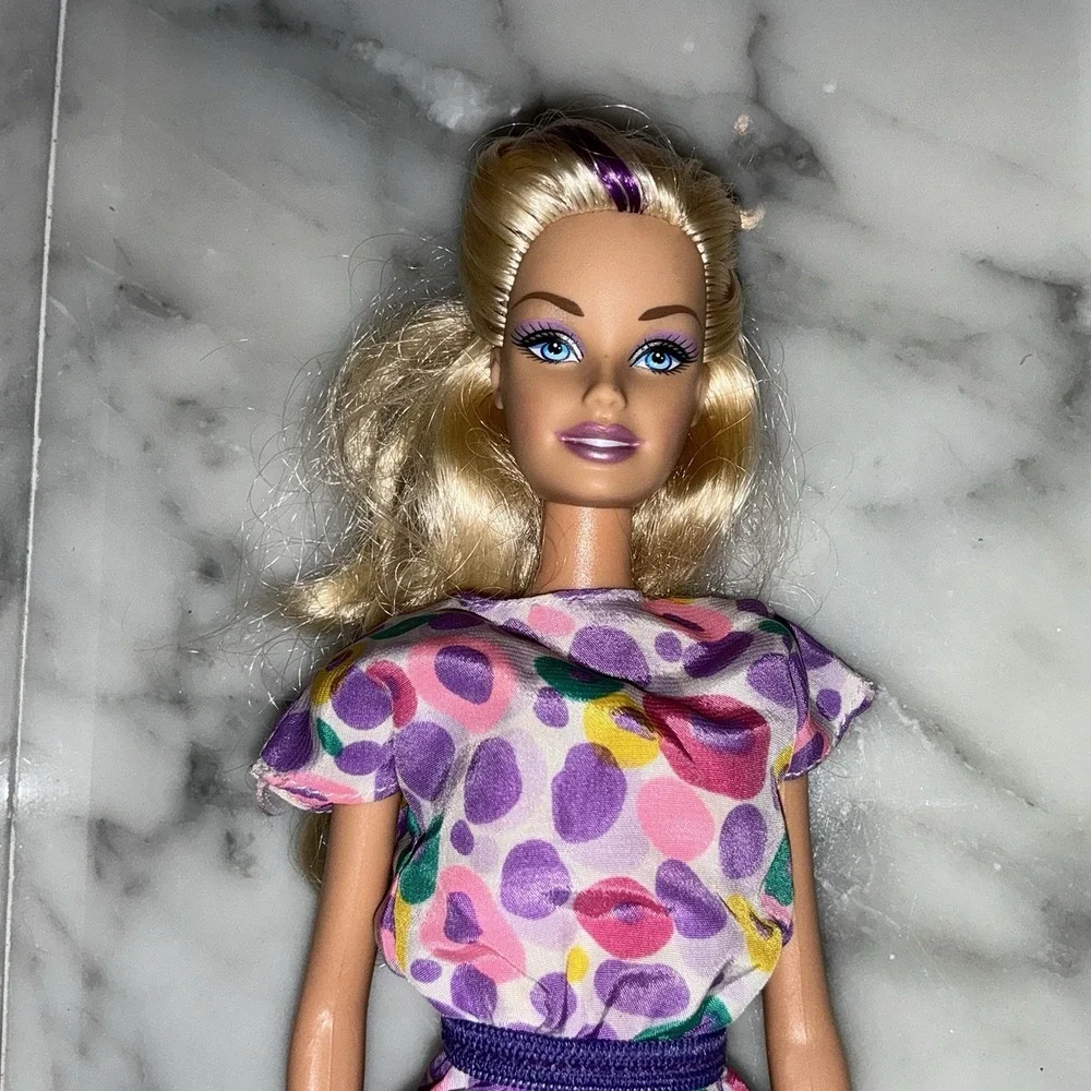 Vintage Y2K 2007 Barbie Doll Long Blond Hair Purple Highlights 80s Dress